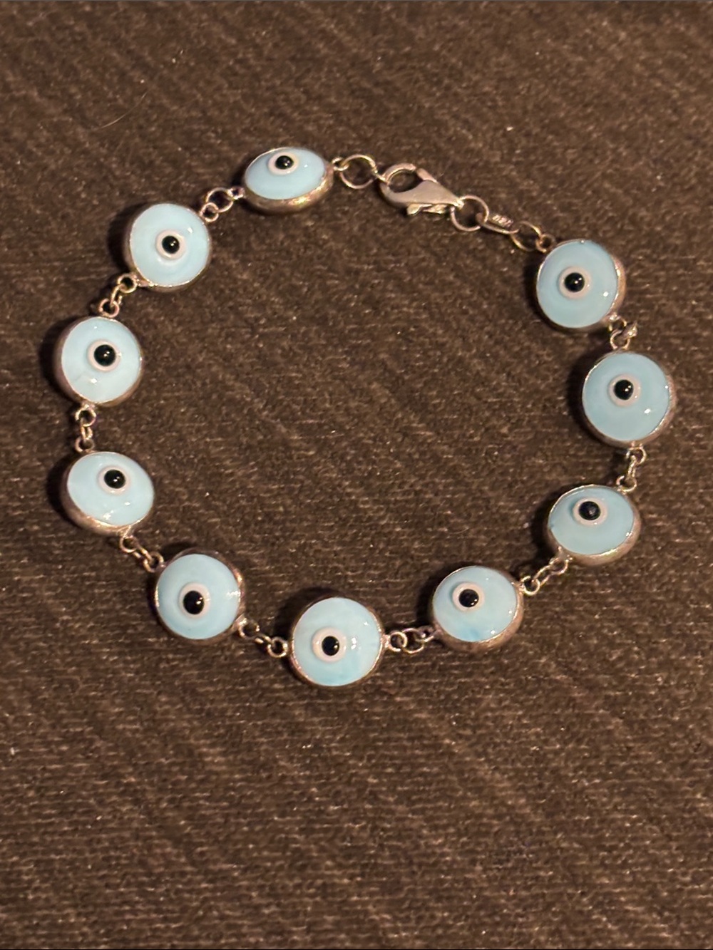 .925 Sterling Silver EVIL EYE BRACELET 7.75” Blue Black White. Ward off bad mojo